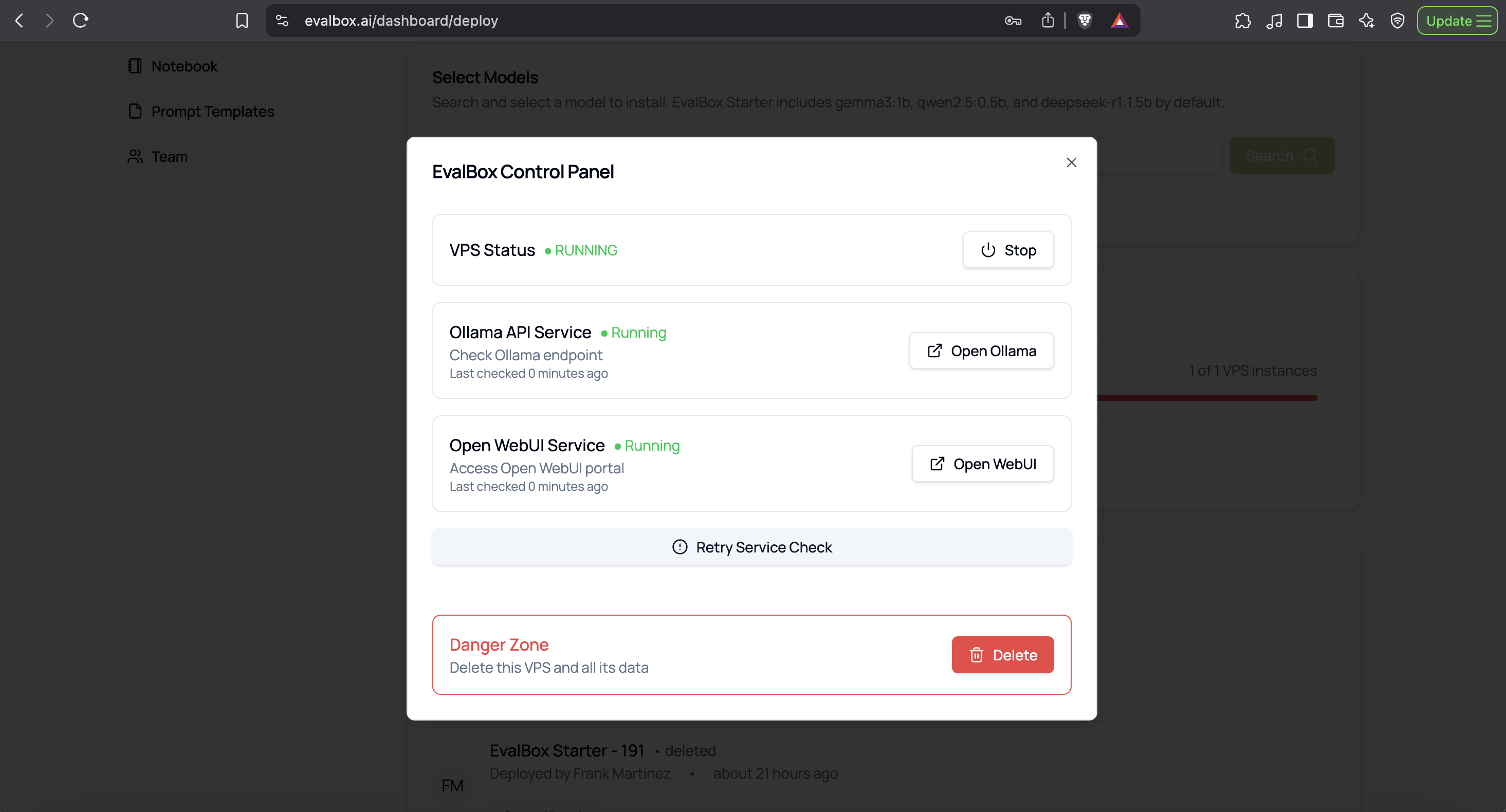EvalBox Dashboard Control Panel