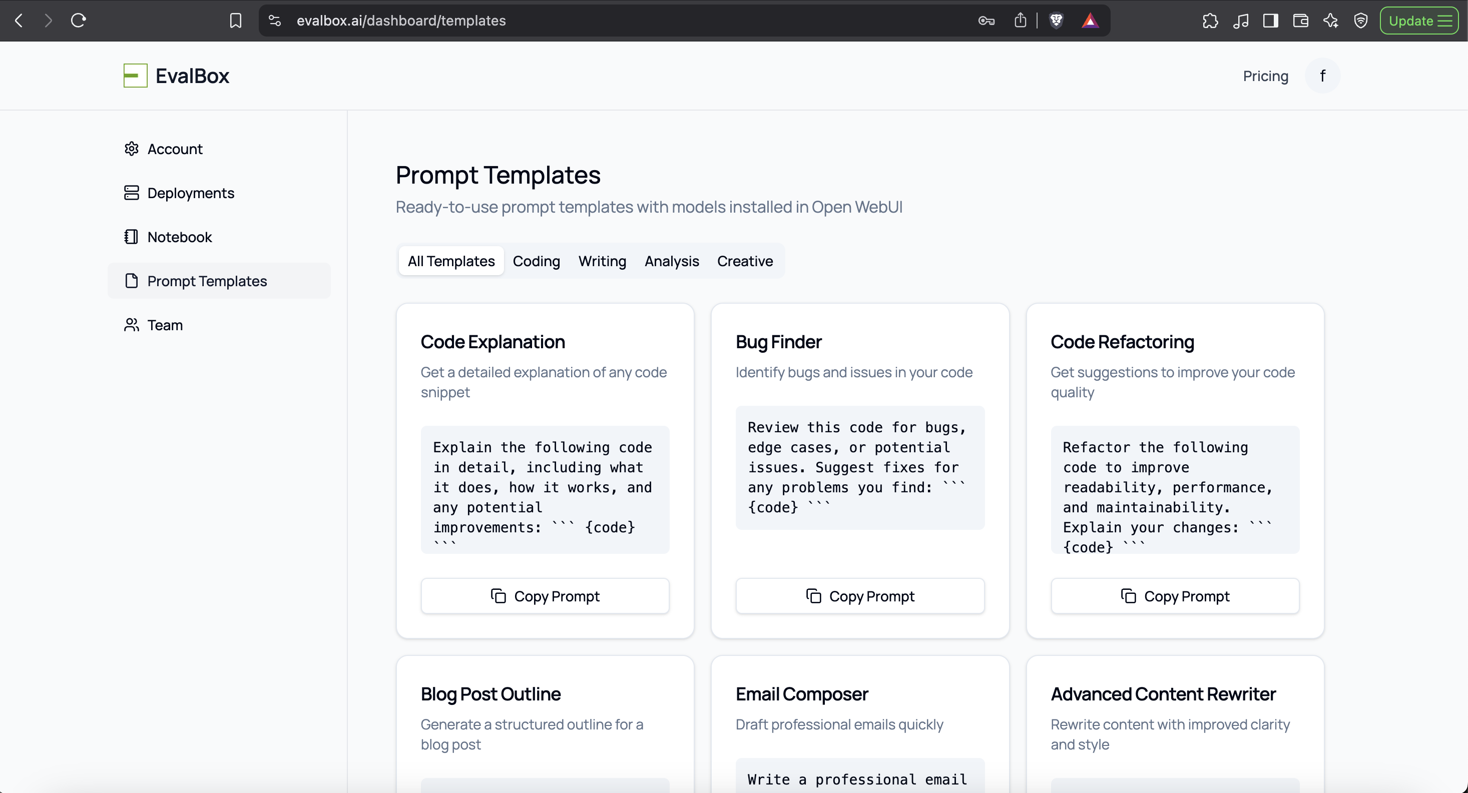 EvalBox Dashboard Prompt Templates